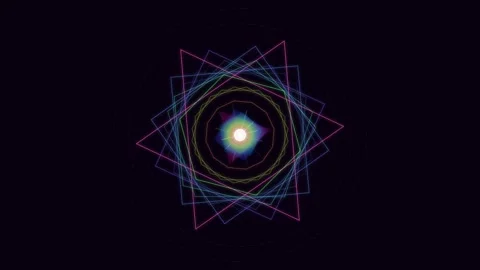 Abstract geometric star pattern with a radiant glowing center on black Video stock 335117603