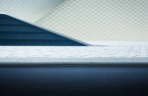Abstract geometric structure blue and white wall and empty asphalt . Abstr... 스톡 사진