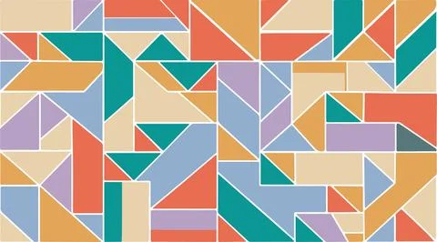 Abstract geometric tangram pattern with colorful shapes and dashed lines. 스톡 일러스트