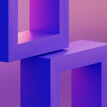 Abstract geometric tech background with square frames in neon light 3d render Stock Illustration