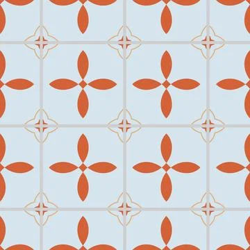 Abstract geometric tiled seamless pattern. Porcelain ceramic simple red flowers Stock Illustration