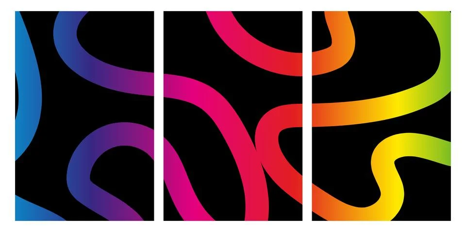Abstract geometric triptych with wavy gradient lines on black background Illustrazione stock