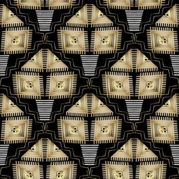 Abstract geometric vector seamless pattern. Black gold ethnic ba Stock Illustration