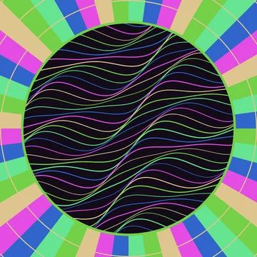 Abstract geometric wave pattern with vibrant border on colorful grid backgrou Stock Illustration