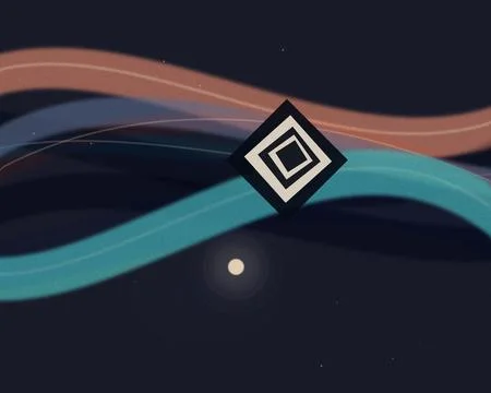 Abstract geometric waves in dark blue and teal with a floating diamond icon.. Stock Illustration