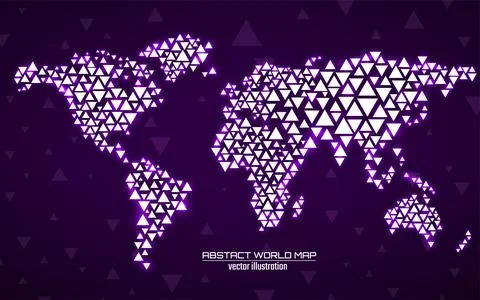 Abstract geometric world map with glowing triangles. Triangular neon background Stock Illustration
