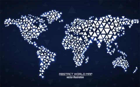Abstract geometric world map with glowing triangles. Triangular neon background Stock Illustration
