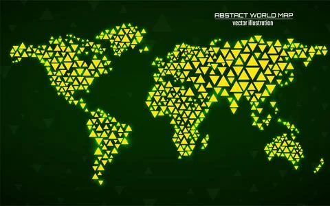 Abstract geometric world map with glowing triangles. Triangular neon background Stock Illustration