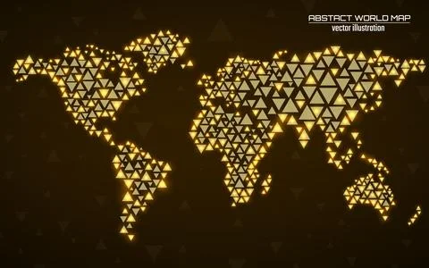 Abstract geometric world map with glowing triangles. Triangular neon backgrou Illustrazione stock