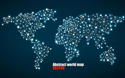 Abstract geometric world map with glowing triangles. Triangular neon backgrou Illustrazione stock
