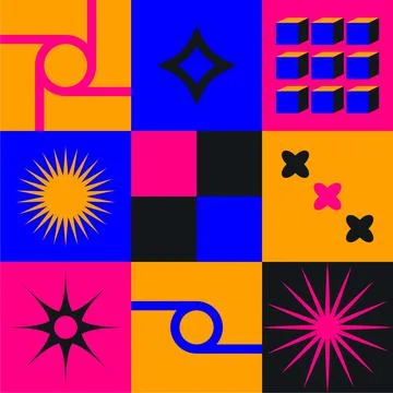 Abstract geometry shapes. Basic primitive bauhaus tile, blocks, funky geometric Stock Illustration
