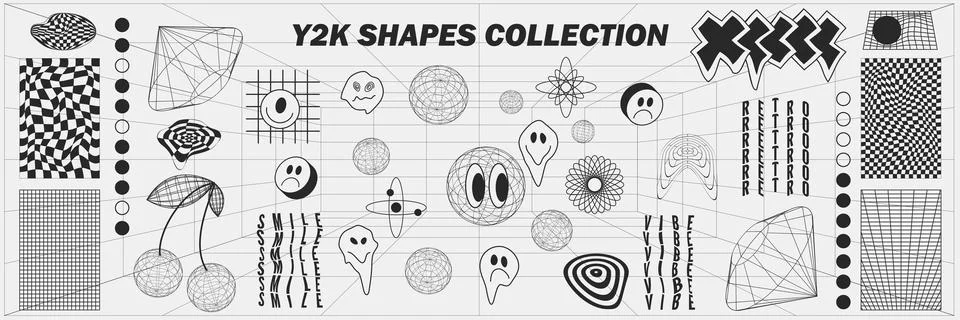 Abstract geometry wireframe shapes and patterns, cyberpunk elements, signs .. Stock Illustration