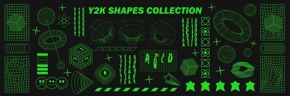 Abstract geometry wireframe shapes and patterns, cyberpunk elements, signs .. Illustrazione stock