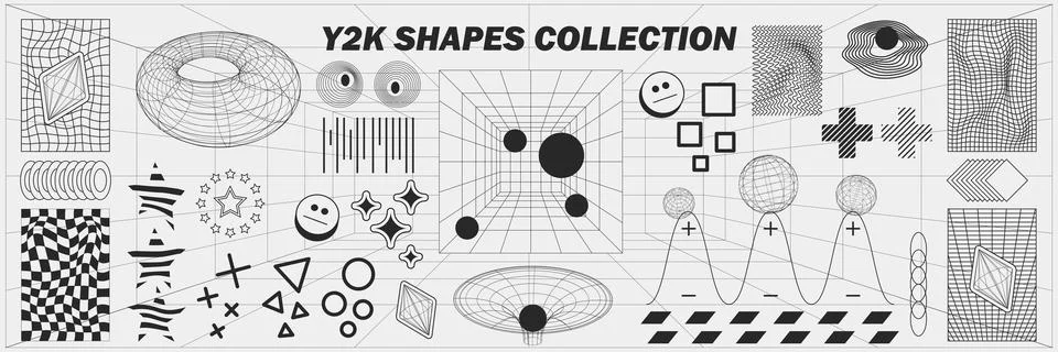 Abstract geometry wireframe shapes and patterns, cyberpunk elements, signs .. Stock Illustration