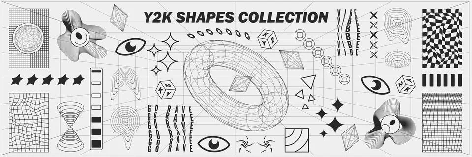 Abstract geometry wireframe shapes and patterns, cyberpunk elements, signs an Stock Illustration