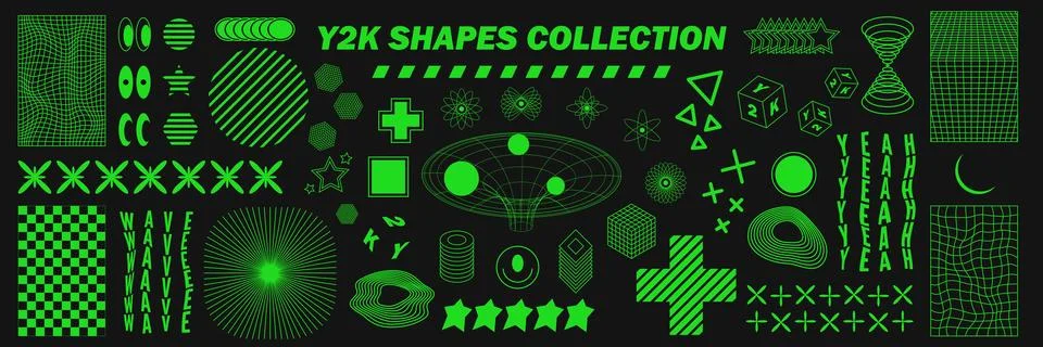 Abstract geometry wireframe shapes and patterns, cyberpunk elements, signs .. イラスト素材