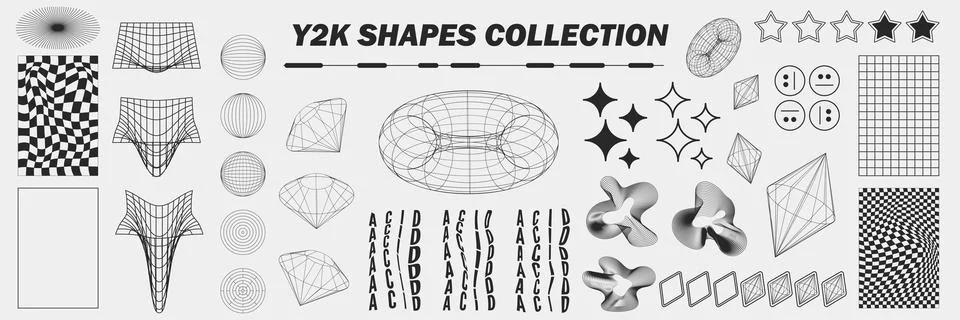 Abstract geometry wireframe shapes and patterns, cyberpunk elements, signs an イラスト素材