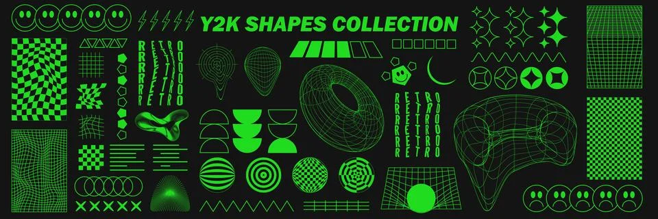 Abstract geometry wireframe shapes and patterns, cyberpunk elements, signs an イラスト素材