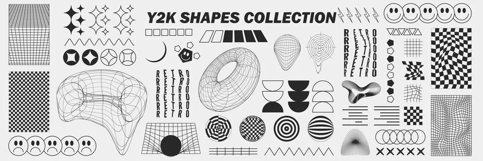 Abstract geometry wireframe shapes and patterns, cyberpunk elements, signs .. イラスト素材