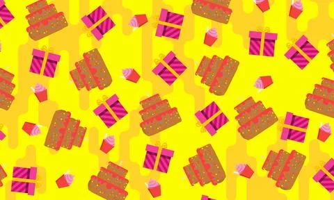 Abstract gift box, cake and ice cream in seamless pattern on yellow background. 스톡 일러스트