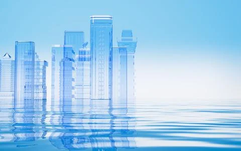 Abstract glass building stand on the background of water surface, 3d renderin Stock Illustration