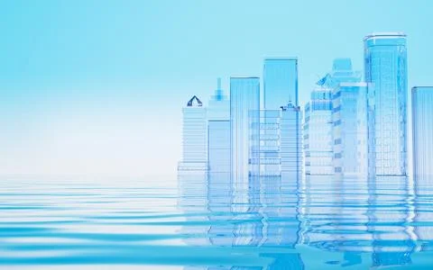 Abstract glass building stand on the background of water surface, 3d renderin Stock Illustration