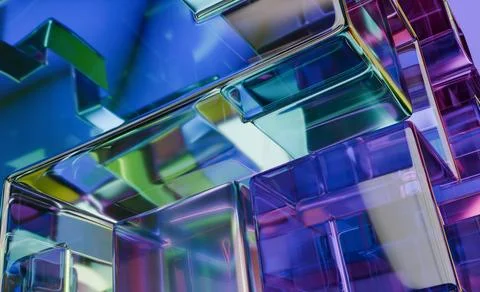 Abstract glassy geometric forms, blue, purple, and green, reflecting light Stock Illustration