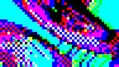 Abstract glitch art with 8 bit pixelated pink, blue, green patterns イラスト素材