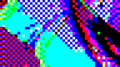 Abstract glitch art with 8 bit pixelated pink, blue, green patterns Stock Illustration