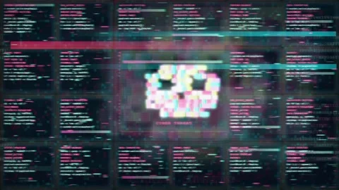 Abstract Glitch Art Animation with Digital Skull and Scrolling Computer Code on Stock Footage 343162367