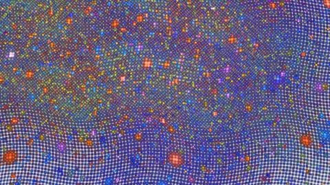 Abstract glittering geometric texture with blue, green and orange pixels. Fan Stock Illustration