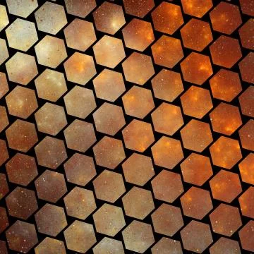 Abstract glittering hexagonal texture with golden particles. Fantasy fractal  Stock Illustration
