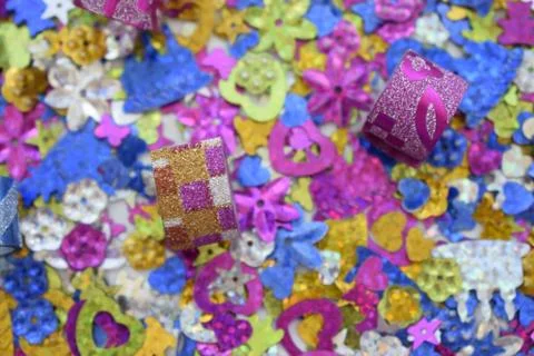 Abstract glittering shine elements with multicolor tapes. Stock Photos