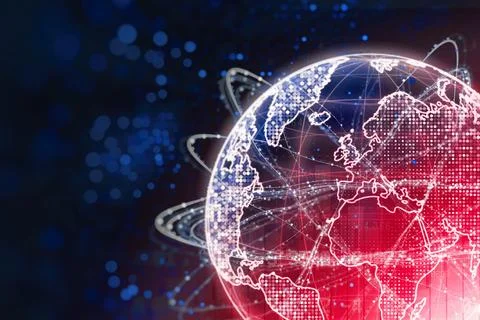 Abstract global digital network visualization with glowing world map with int Stock Illustration