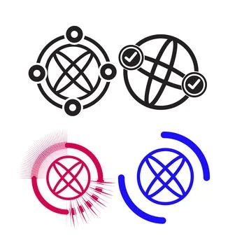 Abstract Global Network Icons Set With Connection Nodes, Checkmarks and Cir.. 스톡 일러스트