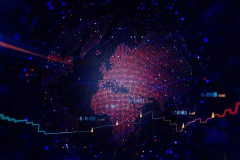 Abstract global world map with digital dots with financial charts and data .. 스톡 일러스트