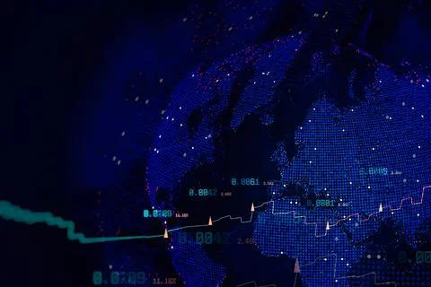 Abstract global world map with digital dots with financial charts and data .. Stock Photos