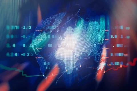 Abstract global world map with digital dots with financial charts and data .. Stock Photos