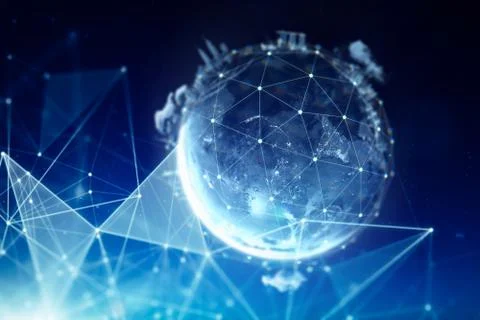 Abstract globe with connected dots wireless communication network on space .  Stock Photos