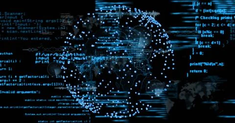 Abstract globe pulsing with nodes in virtual network with scrolling Python and 写真素材
