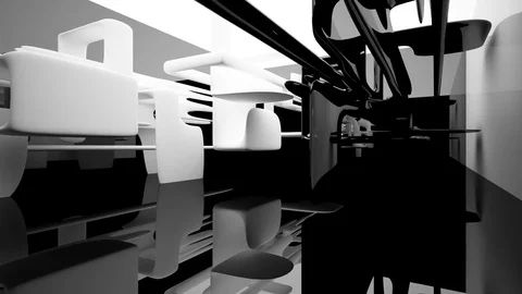 Abstract glossy black interior with white sculpture. Architectural background. Vidéo 73381820