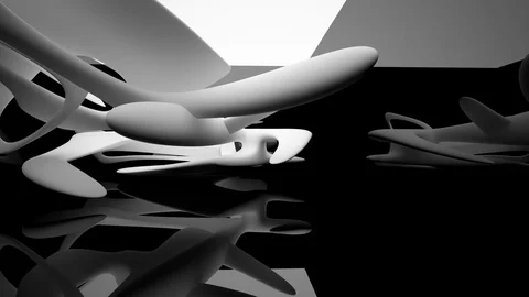 Abstract glossy black interior with white sculpture. Architectural background. Video stock 82642496