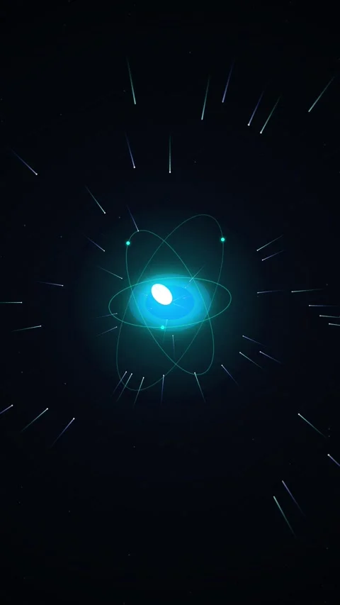 Abstract Glowing Atom Model with Orbital Particles in Deep Space Video stock 346198230