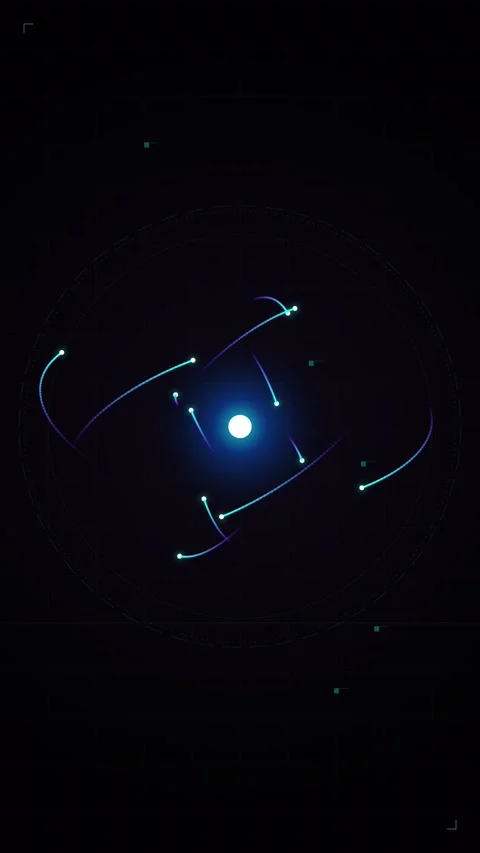 Abstract Glowing Atom Model with Orbital Particles in Deep Space Video stock 346203500