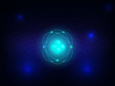 Abstract glowing atom with orbiting electrons and quantum. Stock Photos