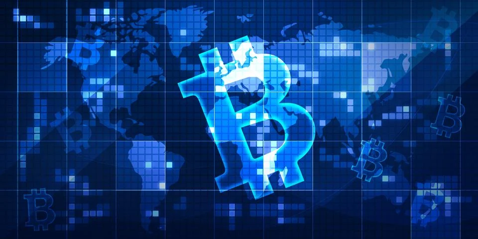 Abstract Glowing Bitcoin Technology backdrop with world map Illustrazione stock