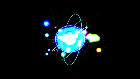 Abstract glowing blue atom nucleus with orbiting electrons and particles in.. Vídeo Stock 346532495