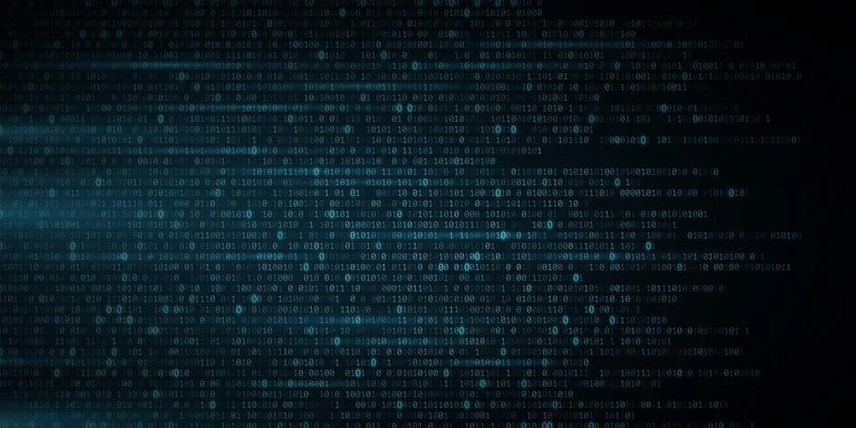 Abstract glowing blue binary code background. Random programming symbols in m Stock Illustration