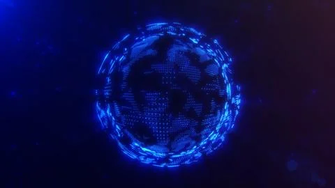 Abstract glowing blue digital sphere of lines and dots on dark particle bac.. Stock Illustration