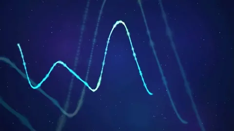 Abstract glowing blue digital wave lines moving across a dark starry space Stockbeeldmateriaal 343439605